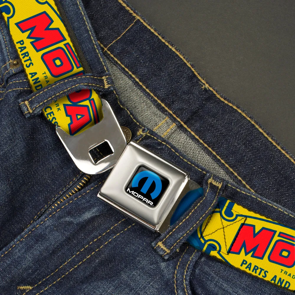 MOPAR Logo Full Color Black/Blue/White Seatbelt Belt - MOPAR 1937-1947 Logo-USE CHRYSLER ENGINEERED MOPAR PARTS AND ACCESSORIES Blue/Yellow/Red Webbing