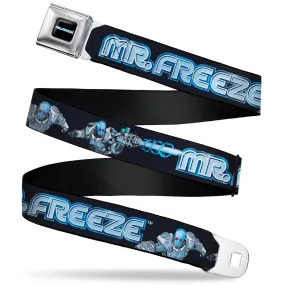 MR. FREEZE Title Logo Full Color Black Seatbelt Belt - DC Batman Villain MR. FREEZE Poses and Title Logo Black/Blues Webbing