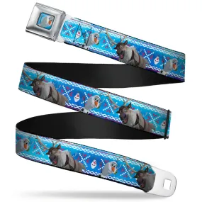 Olaf Waving Blue Full Color Seatbelt Belt - Frozen Olaf & Sven Pose/Olaf Stitch Blues/White/Red Webbing