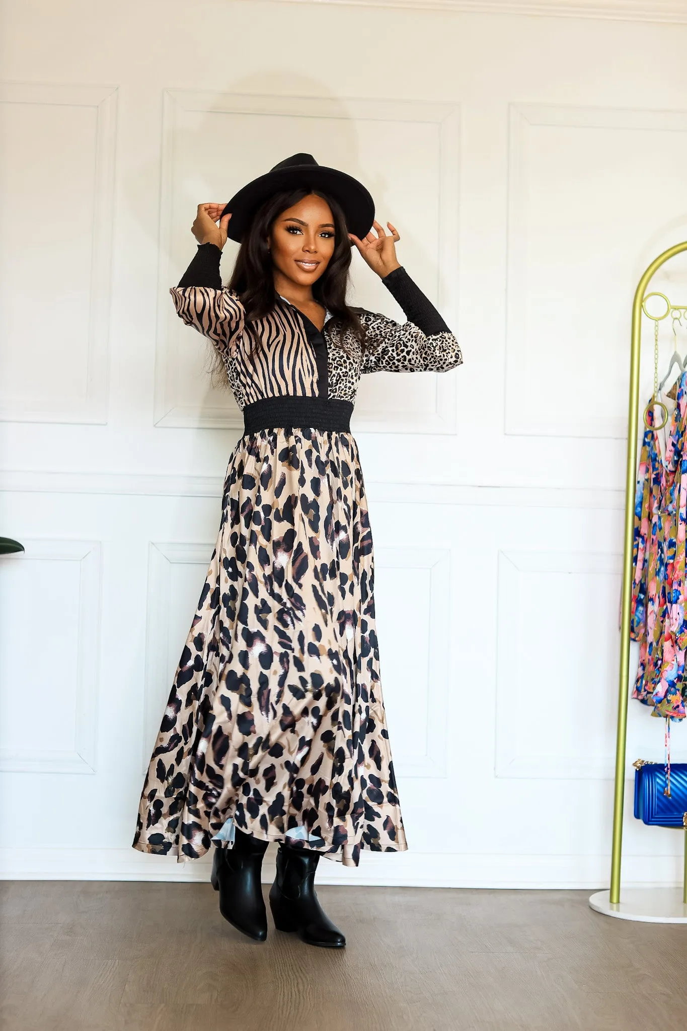 On the Hunt Safari Multi Animal Print Long Sleeve Maxi Dress