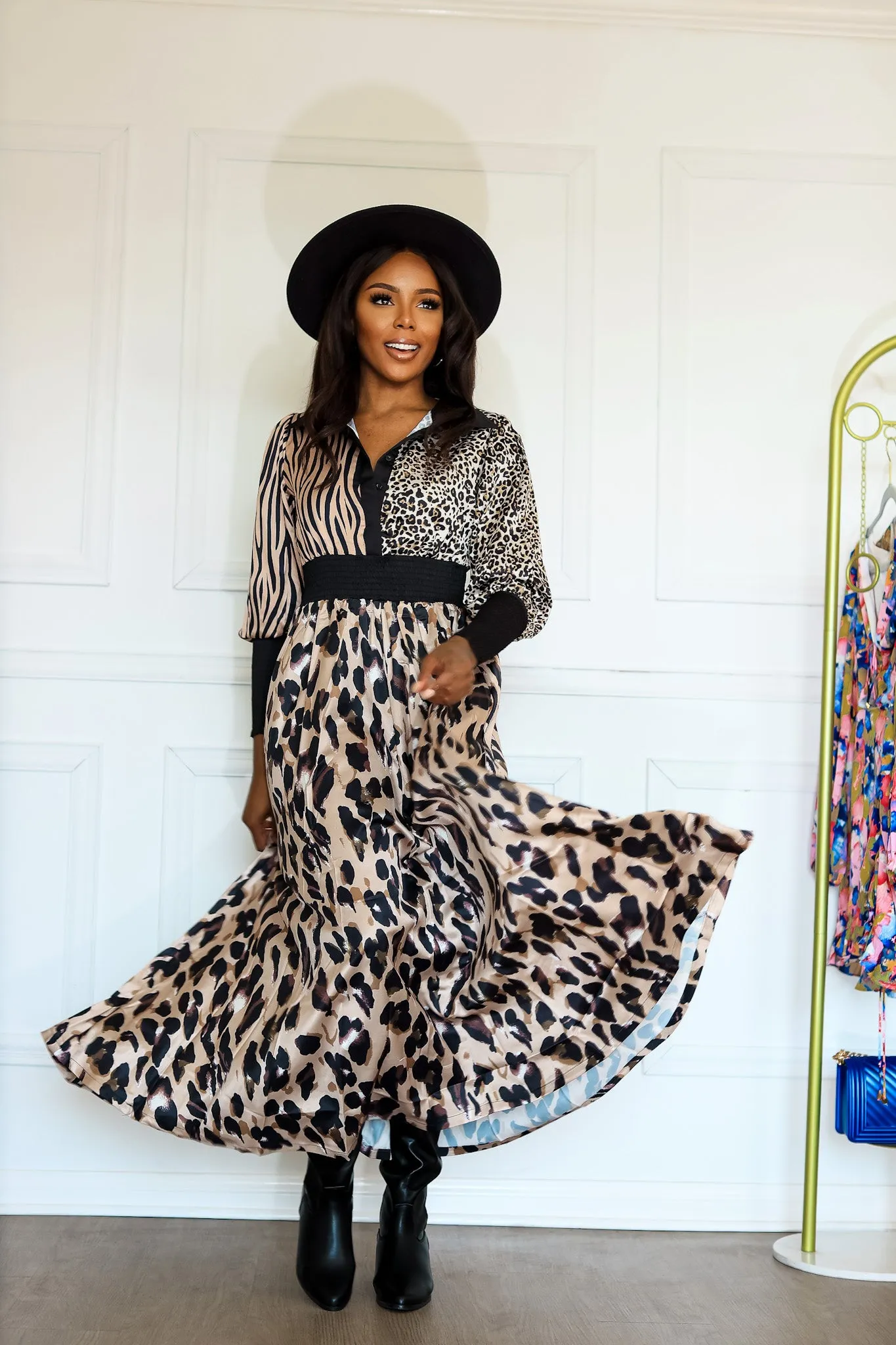 On the Hunt Safari Multi Animal Print Long Sleeve Maxi Dress