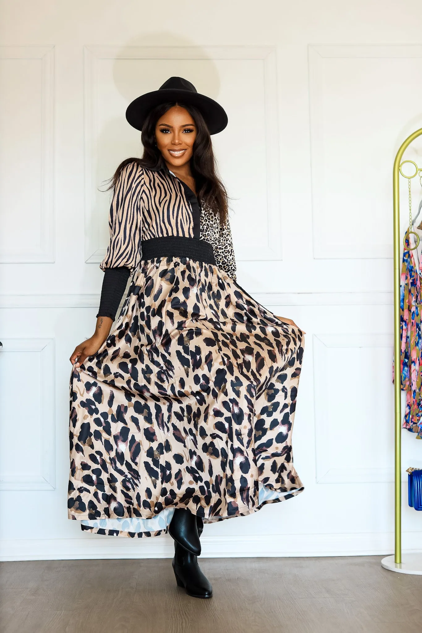 On the Hunt Safari Multi Animal Print Long Sleeve Maxi Dress