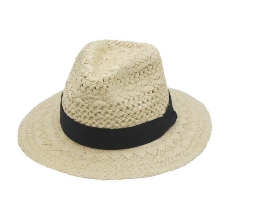 PATTERENED WEAVE BANDED WB STRAW FEDORA Black