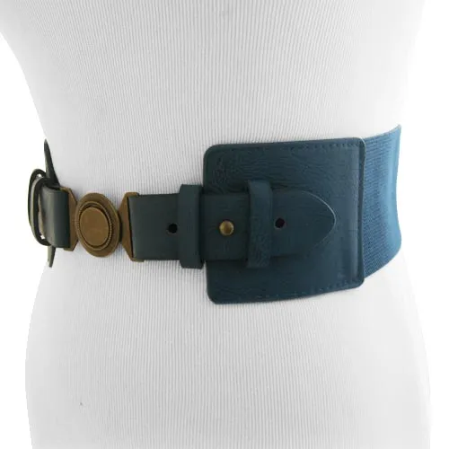 Teal Women Stretch Belt with Bronze Geometric Circle Buckle