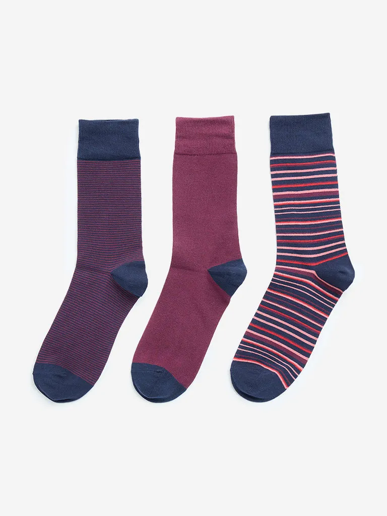 WES Lounge Wine Striped Cotton Blend Socks - Pack of 3