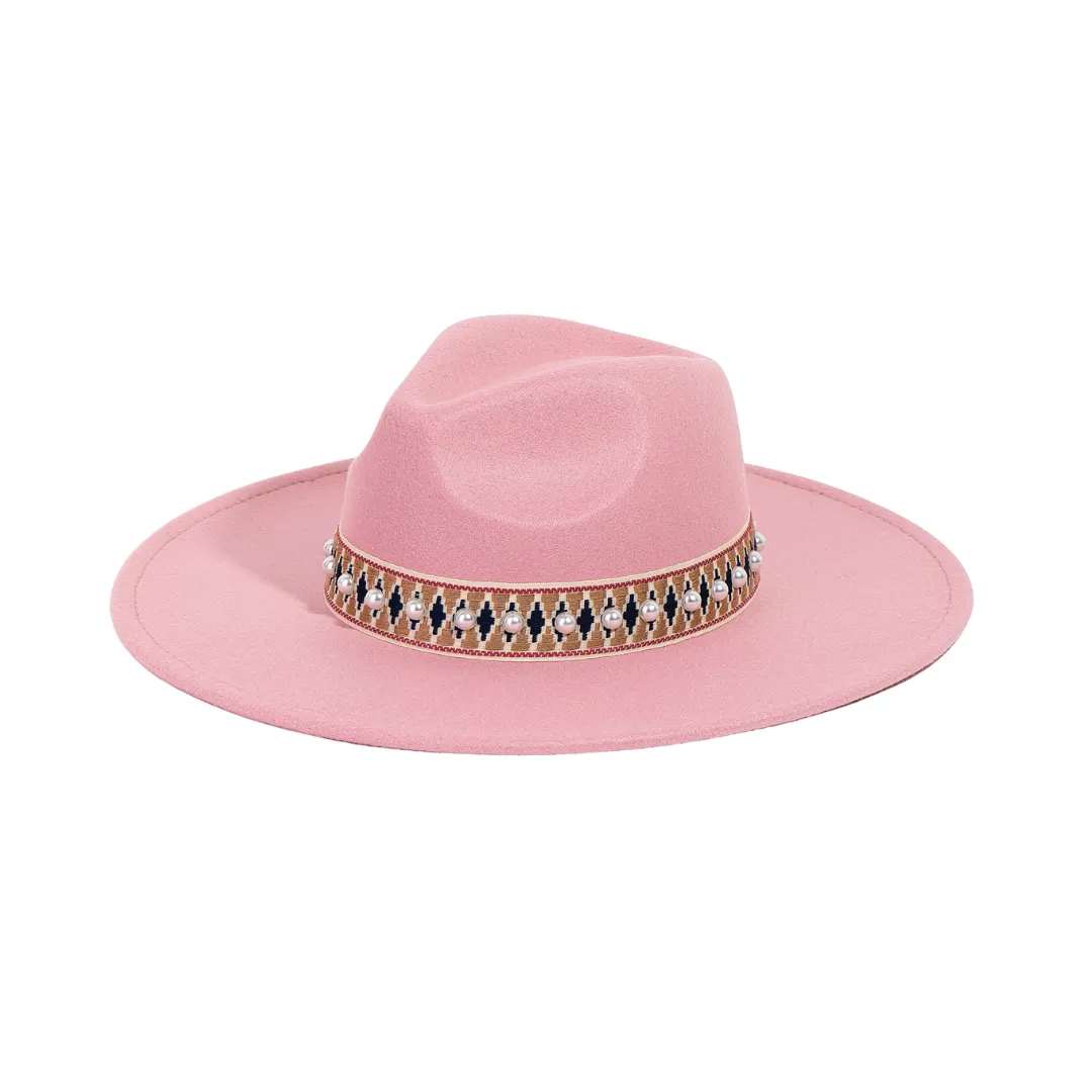 Wide Brim Pearl Band Fedoras Pink or Ivory