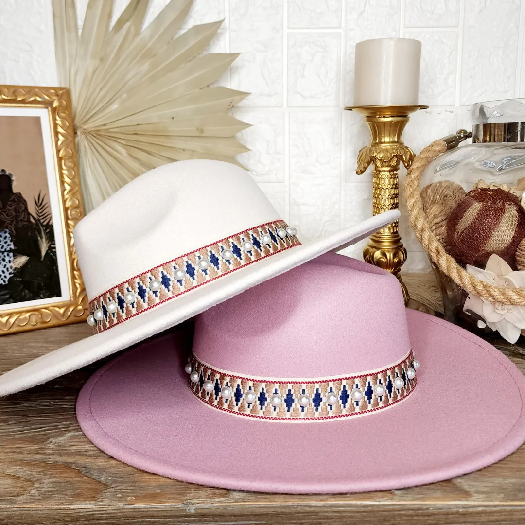 Wide Brim Pearl Band Fedoras Pink or Ivory