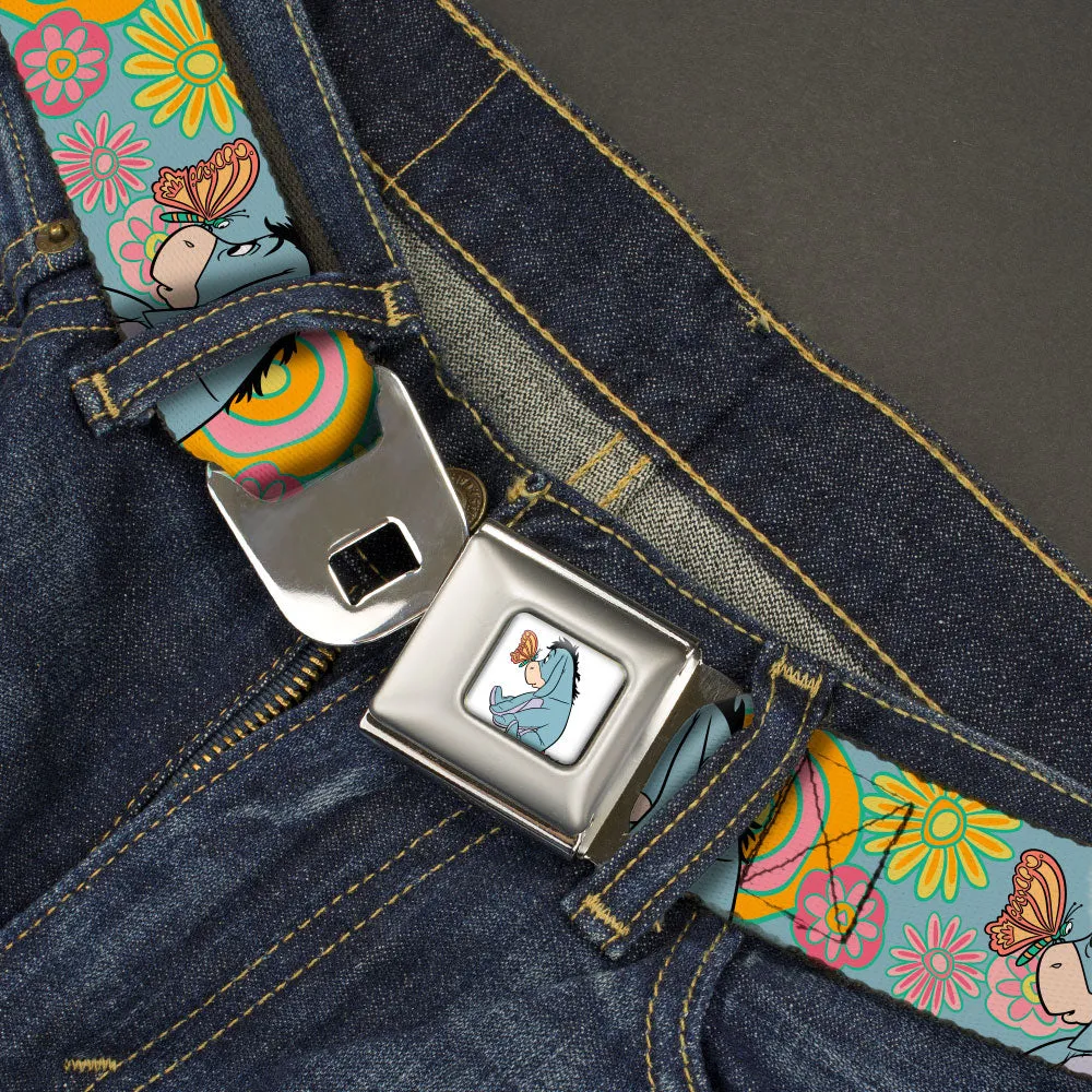 Winnie the Pooh Eeyore Butterfly Pose Full Color White Seatbelt Belt - Winnie the Pooh Eeyore Butterfly Pose Floral Collage Blue/Pinks/Yellows Webbing