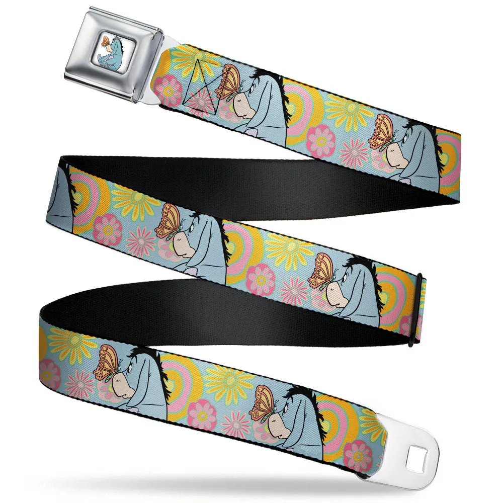 Winnie the Pooh Eeyore Butterfly Pose Full Color White Seatbelt Belt - Winnie the Pooh Eeyore Butterfly Pose Floral Collage Blue/Pinks/Yellows Webbing