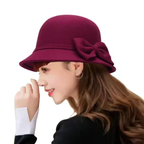 Winter Fedoras Women Hat Elegant Vintage Bowknot Wool Ladies Hat Dome