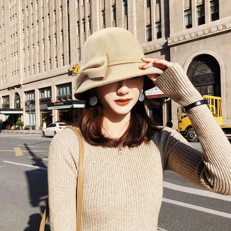 Winter Fedoras Women Hat Elegant Vintage Bowknot Wool Ladies Hat Dome