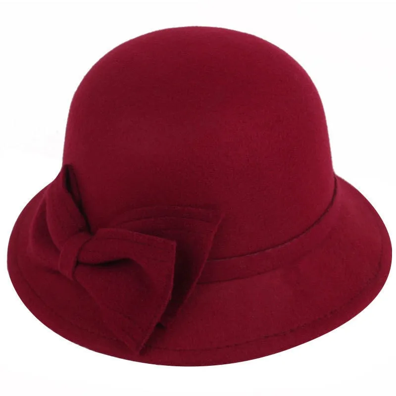 Winter Fedoras Women Hat Elegant Vintage Bowknot Wool Ladies Hat Dome