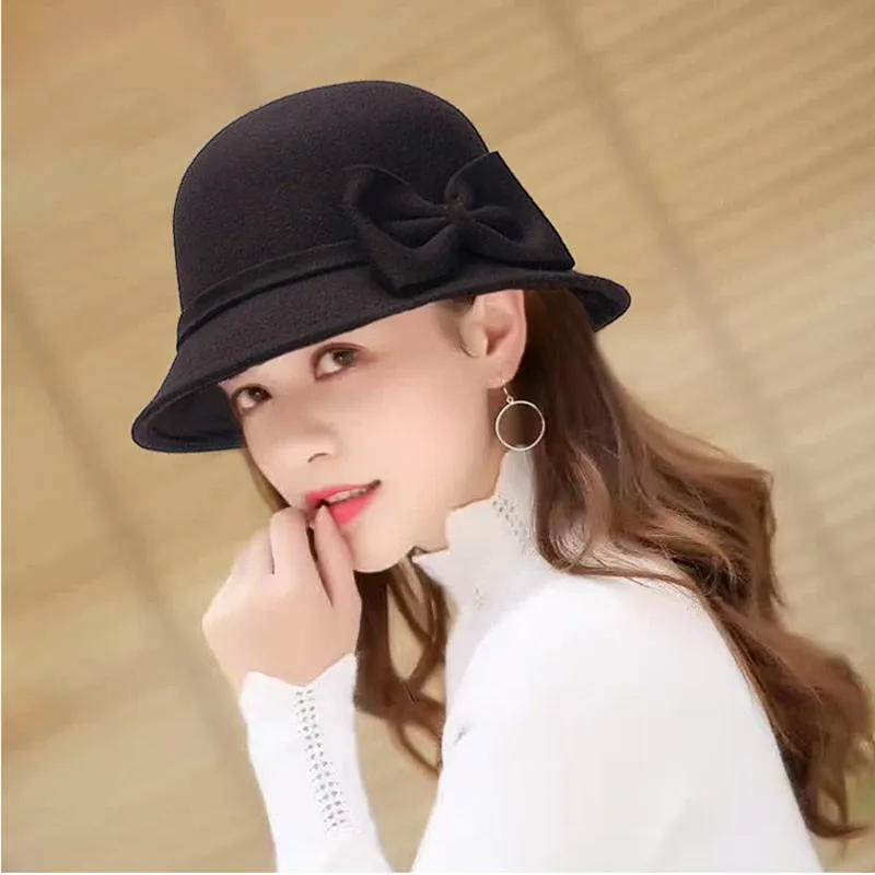 Winter Fedoras Women Hat Elegant Vintage Bowknot Wool Ladies Hat Dome