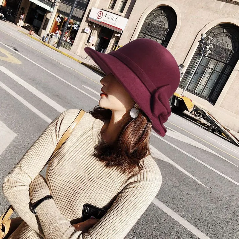 Winter Fedoras Women Hat Elegant Vintage Bowknot Wool Ladies Hat Dome