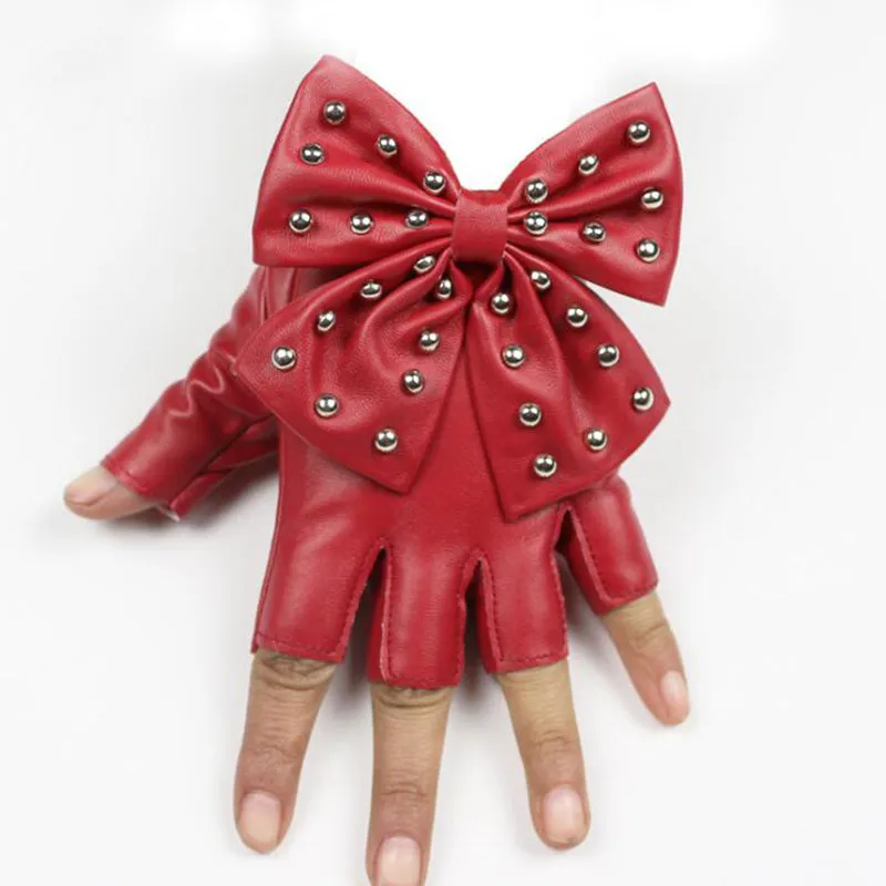 Women's Leather Fingerless Gloves With Bow