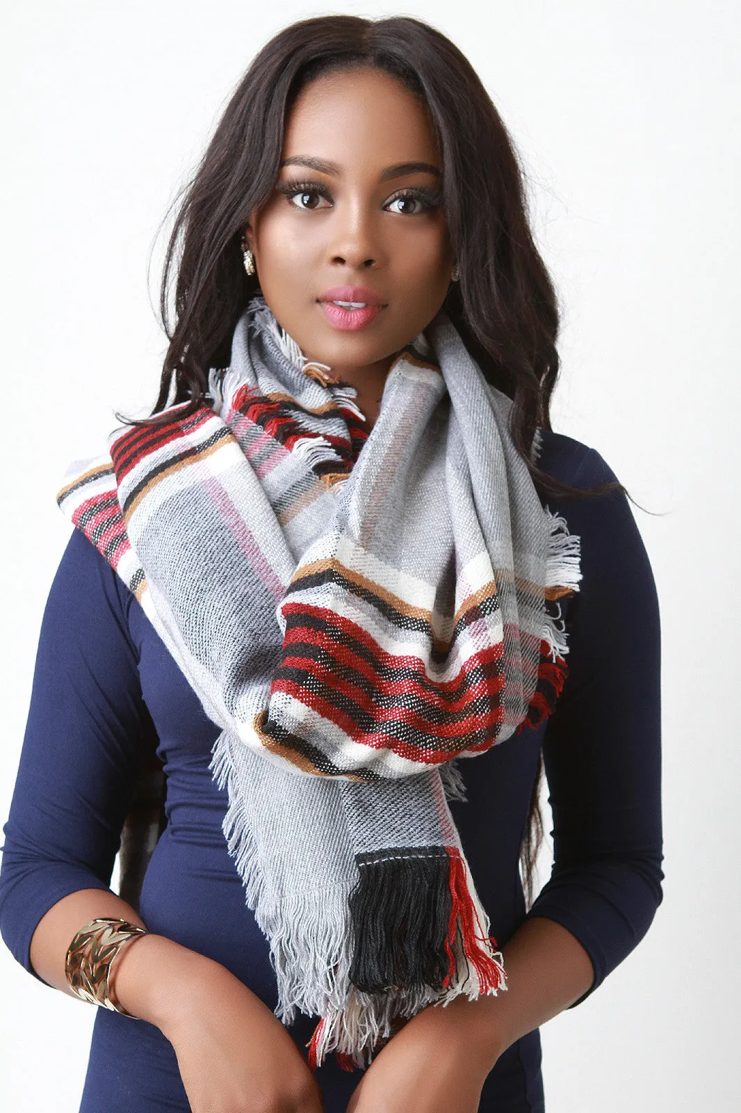 Woven Plaid Over Sized Fringe Hem Scarf